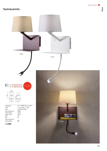 Redo 01-1807 - LED стенно осветително тяло TOMO 1xE27/42W/230V+LED/3W