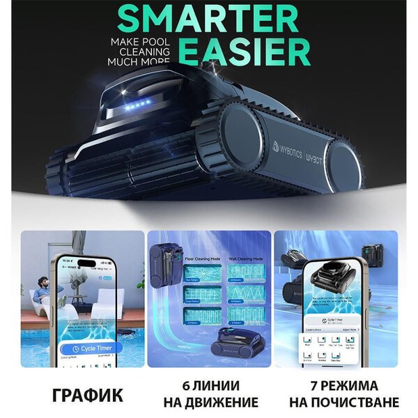 Безкабелен робот за басейни Wybot M1, 120W, 300 мин, 400 м2, Двойна филтрация, 2 реда четки, Планиране на маршрут, Жироскоп, Черен