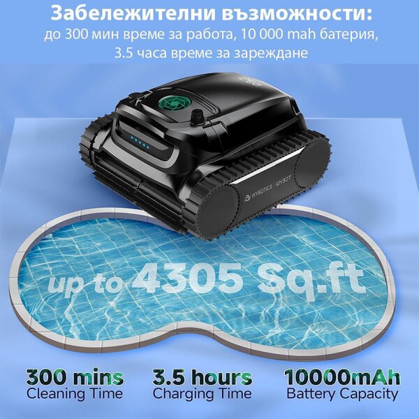 Безкабелен робот за басейни Wybot M1, 120W, 300 мин, 400 м2, Двойна филтрация, 2 реда четки, Планиране на маршрут, Жироскоп, Черен