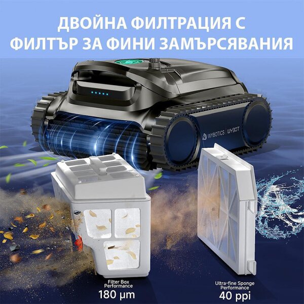 Безкабелен робот за басейни Wybot M1, 120W, 300 мин, 400 м2, Двойна филтрация, 2 реда четки, Планиране на маршрут, Жироскоп, Черен