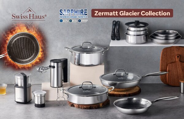 Комплект тенджери Swiss Haus SH-ZG1012, 12 части, Sapphire-керамично покритие, Фурна до 260C , Индукция, Сребрист
