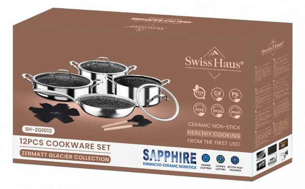 Комплект тенджери Swiss Haus SH-ZG1012, 12 части, Sapphire-керамично покритие, Фурна до 260C , Индукция, Сребрист