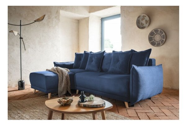 Тъмносин ъглов разтегателен диван от велур (променлив) Lazy Lukka - Miuform