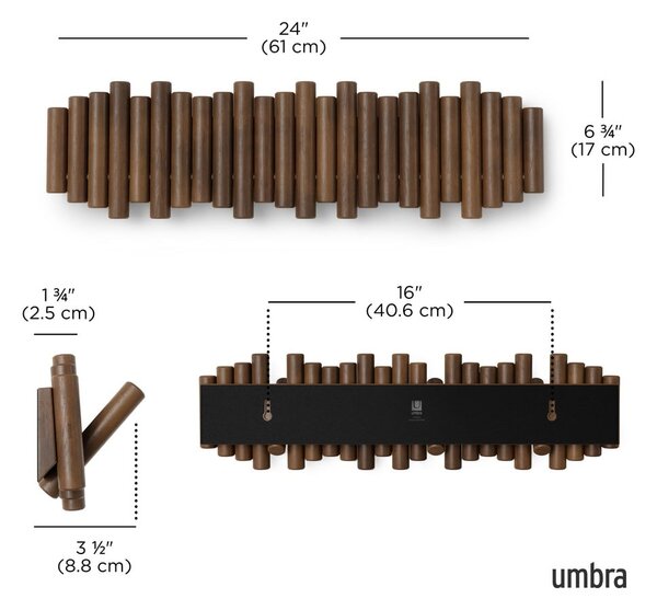 Тъмнокафява стенна закачалка от масивен бор 61 cm Picket – Umbra