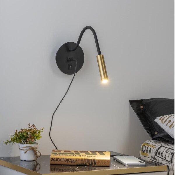 Brilagi -LED Гъвкав аплик с USB порт MAYA LED/3W/230V черен/златист