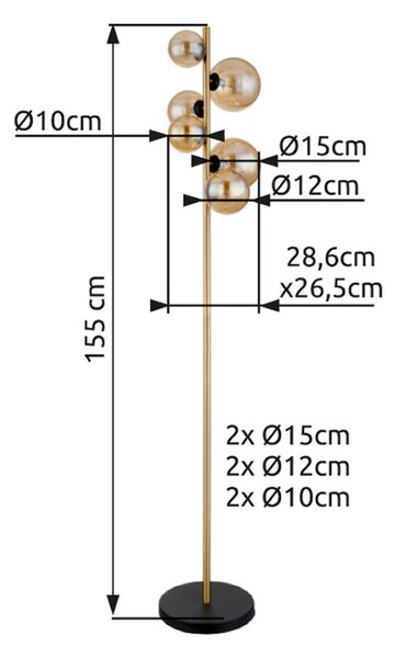 Globo Стелажна лампа Riha, височина 155 cm, цвят кехлибар/месинг, метал, Бежов, Дневна/трапезария, Стъкло