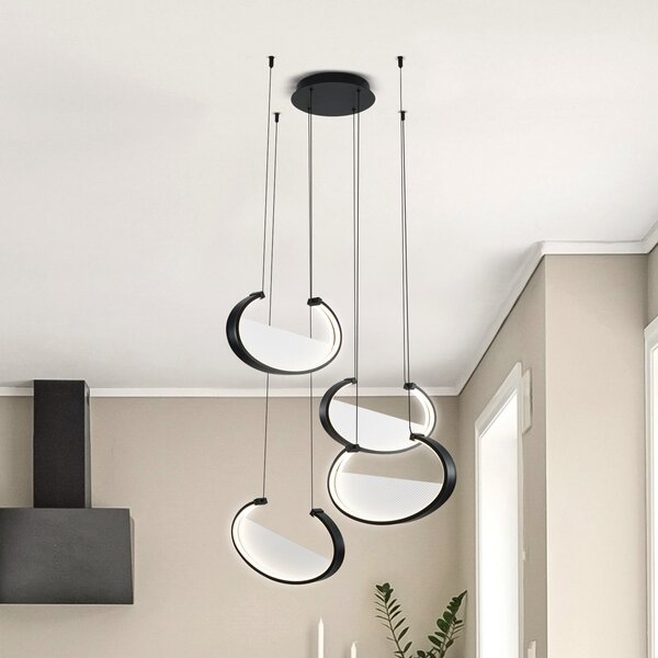 Viokef LED висяща лампа Adele, Ø 75 cm, черна, метал, 4-светова., Черен, Дневна/трапезария, Алуминий, Модерен