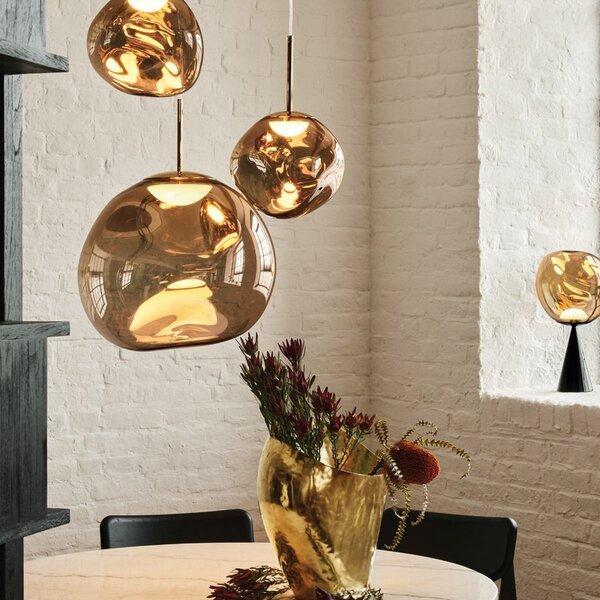 Tom Dixon LED висяща лампа Melt, Ø 50 cm, златна, Затъмняване, Злато / месинг, Дневна/трапезария, Пластмаса, Дизайн