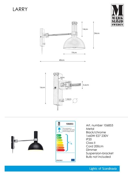 Markslöjd 106970 - Димируем аплик LARRY 1xE27/60W/230V