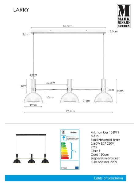 Markslöjd 106971 - Висящ полилей LARRY 3xE27/60W/230V черен/златист