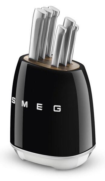 Комплект ножове със стойка SMEG KBSF02BL, 7 части, Слотове от акациево дърво, Немска неръждаема стомана, Черен