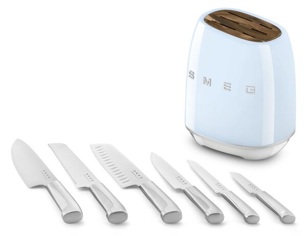 Комплект ножове със стойка SMEG KBSF02PB, 7 части, Слотове от акациево дърво, Немска неръждаема стомана, Пастелно син