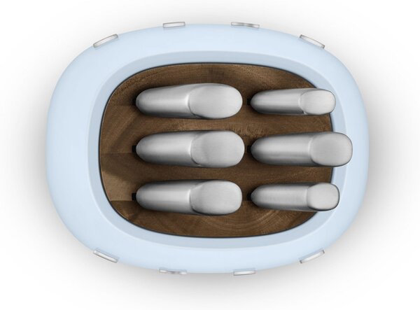Комплект ножове със стойка SMEG KBSF02PB, 7 части, Слотове от акациево дърво, Немска неръждаема стомана, Пастелно син