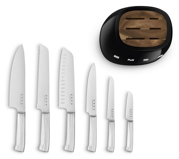 Комплект ножове със стойка SMEG KBSF02BL, 7 части, Слотове от акациево дърво, Немска неръждаема стомана, Черен