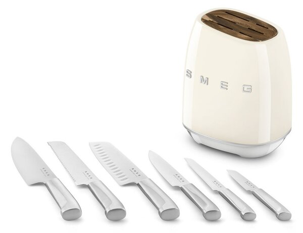 Комплект ножове със стойка SMEG KBSF02CR, 7 части, Слотове от акациево дърво, Немска неръждаема стомана, Крема