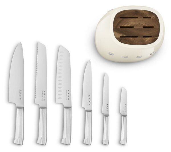 Комплект ножове със стойка SMEG KBSF02CR, 7 части, Слотове от акациево дърво, Немска неръждаема стомана, Крема