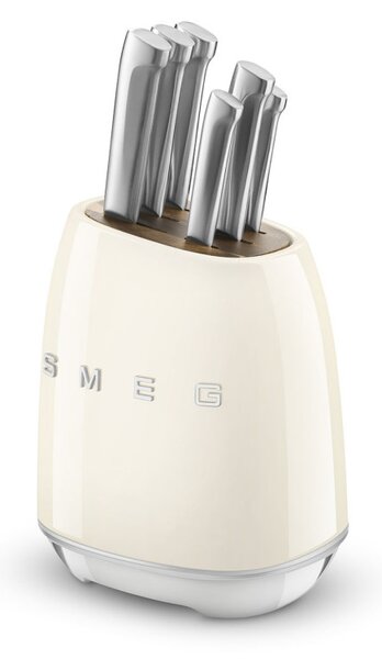 Комплект ножове със стойка SMEG KBSF02CR, 7 части, Слотове от акациево дърво, Немска неръждаема стомана, Крема