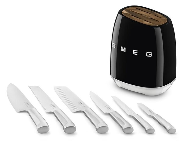 Комплект ножове със стойка SMEG KBSF02BL, 7 части, Слотове от акациево дърво, Немска неръждаема стомана, Черен