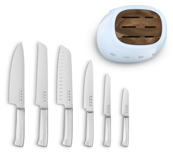 Комплект ножове със стойка SMEG KBSF02PB, 7 части, Слотове от акациево дърво, Немска неръждаема стомана, Пастелно син
