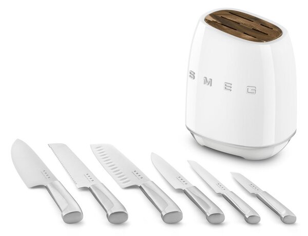 Комплект ножове със стойка SMEG KBSF02WH, 7 части, Слотове от акациево дърво, Немска неръждаема стомана, Бял