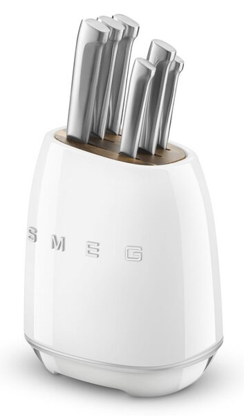 Комплект ножове със стойка SMEG KBSF02WH, 7 части, Слотове от акациево дърво, Немска неръждаема стомана, Бял