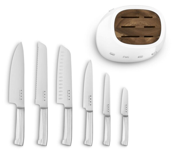 Комплект ножове със стойка SMEG KBSF02WH, 7 части, Слотове от акациево дърво, Немска неръждаема стомана, Бял
