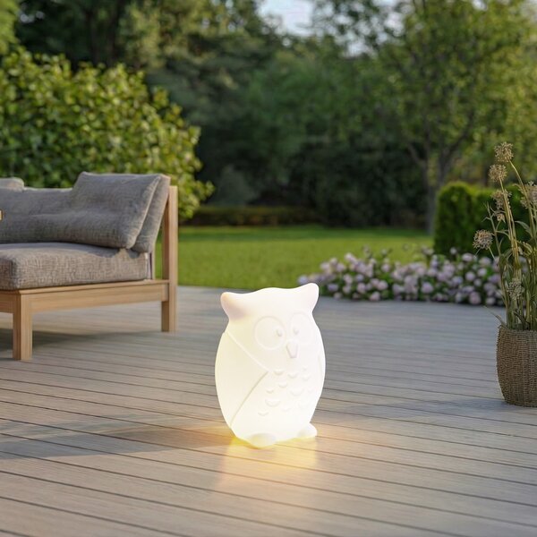 Lindby LED акумулаторна лампа Errol, сова, бяла, RGBW, IP54, Затъмняване, Бял, Детска стая, Пластмаса, Модерен