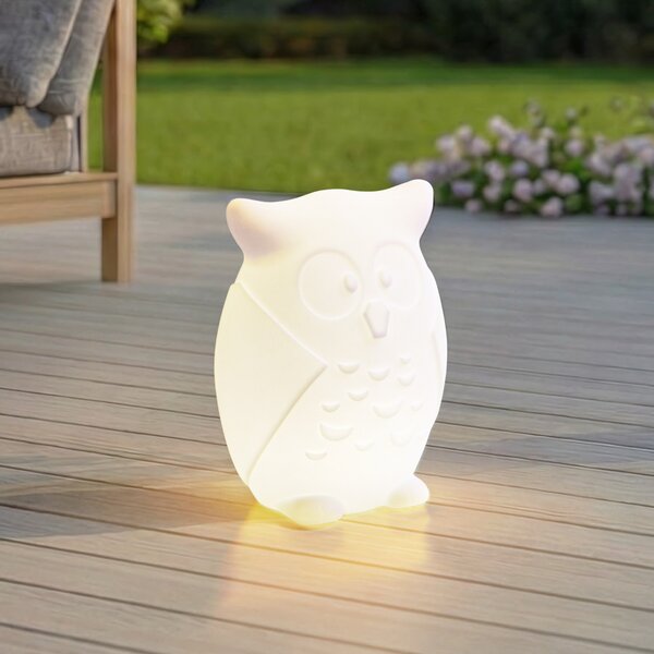 Lindby LED акумулаторна лампа Errol, сова, бяла, RGBW, IP54, Затъмняване, Бял, Детска стая, Пластмаса, Модерен