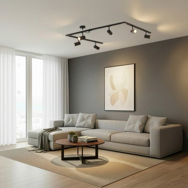 Lindby релсова система Linaro, GU10, 6-крилна, черна, C-форма, Черен, Дневна/трапезария, Алуминий, Модерен