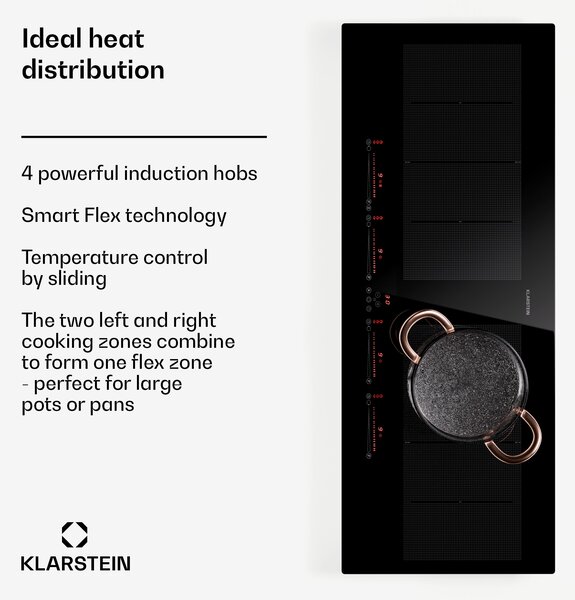 Klarstein Masterzone 90 Slim Flex, индукционен плот, макс. 7200 W, вграден, 4 зони, 2 гъвкави зони, технология ThermoBoost, Smart Flex