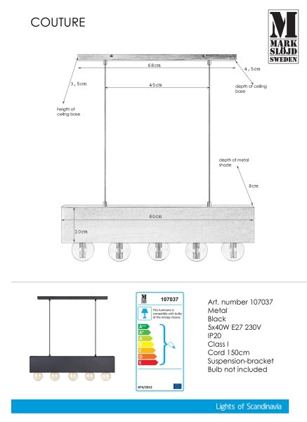 Markslöjd 107037 - Полилей на верижка COUTURE 5xE27/40W/230V черна