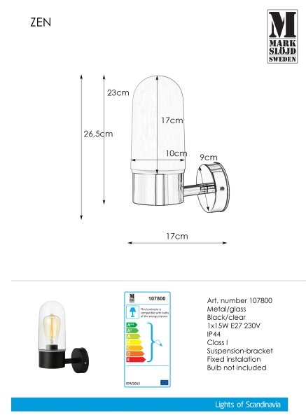 Markslöjd 107800 - За баня Стенна лампа ZEN 1xE27/15W/230V IP44