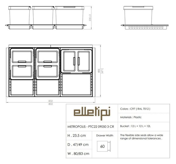 Сиво пластмасово кошче за боклук 3x12 l за рециклиране/вградено Metropolis Flip-up – Elletipi