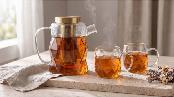 Стъклен чайник с цедка в златист цвят 1,3 l Geo – Vialli Design