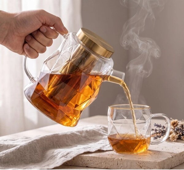 Стъклен чайник с цедка в златист цвят 1,3 l Geo – Vialli Design