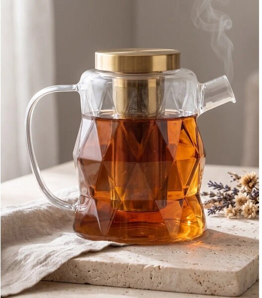 Стъклен чайник с цедка в златист цвят 1,3 l Geo – Vialli Design