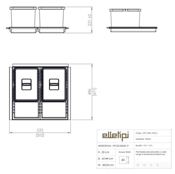 Сиво пластмасово кошче за боклук 2x12 l за рециклиране/вградено Metropolis Flip-up – Elletipi