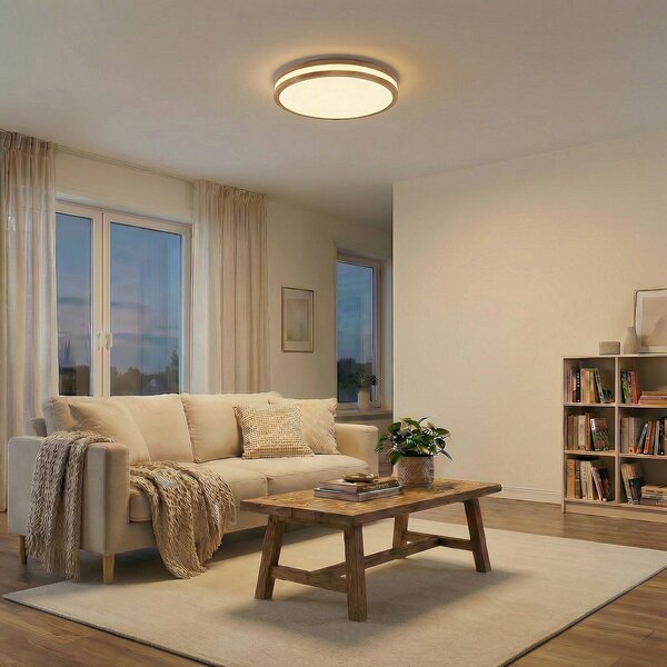 Lindby LED таванна лампа Emiva, 50 см, светло дърво, CCT, Затъмняване, Дърво, Дневна/трапезария, Дървесина, Модерен