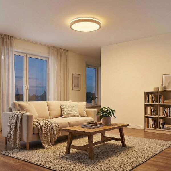 Lindby LED лампа за таван Emiva, Ø 49 cm, CCT, дърво, Затъмняване, Дърво, Дневна/трапезария, Дървесина, Модерен