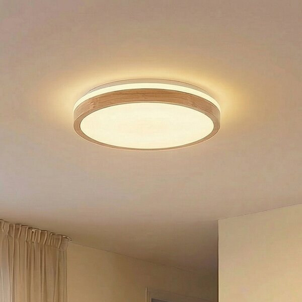 Lindby LED лампа за таван Emiva, Ø 49 cm, CCT, дърво, Затъмняване, Дърво, Дневна/трапезария, Дървесина, Модерен