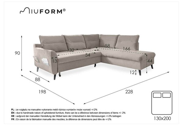 Светлосиво кадифено ъглово канапе L, десен ъгъл Stylish Stan - Miuform