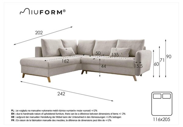 Бежов ъглов разтегателен диван ляв ъгъл, Scandic Lagom - Miuform