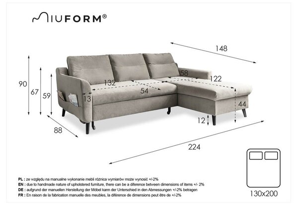 Светлосиво кадифено ъглово канапе, десен ъгъл Stylish Stan - Miuform