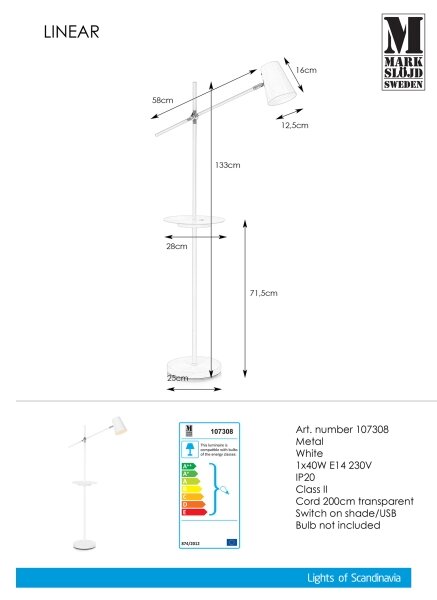 Markslöjd 107308 - Стояща лампа s USB LINEAR 1xE14/40W/230V