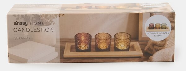 Sinsay - Комплект свещници от цветно стъкло с дървена основа 4 pack - многоцветен