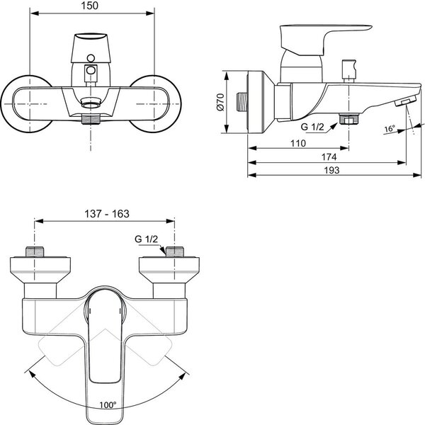 Антрацитна батерия за вана/стенна Connect Air – Ideal Standard