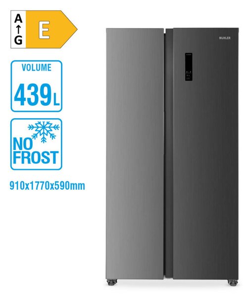 Хладилник Muhler NF450SBSIE, 439 л, Клас E, No Frost, Зонално регулиарне на температурата, LED дисплей, Сив