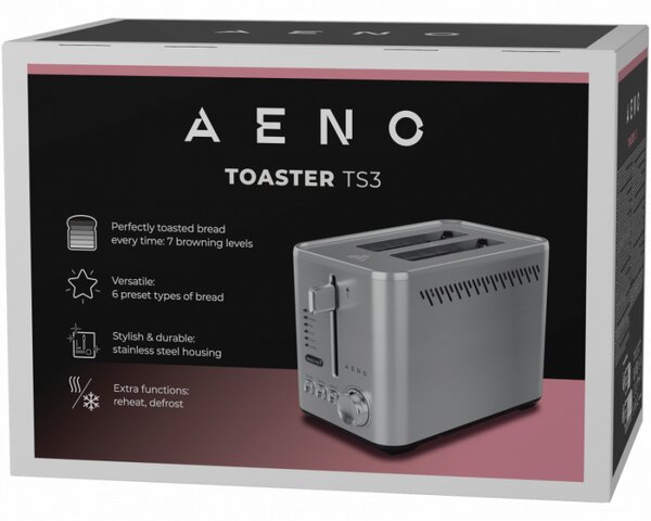 Тостер за хляб AENO ATS0003, 950W, 6 вида хляб, 7 нива на изпичане, Подгряване, Размразяване, LED, Инокс