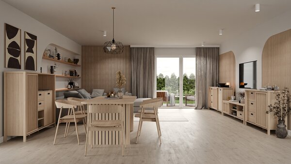 Висок шкаф TWELVE 150 см с чекмеджета и плъзгаща се врата, дъб Рива