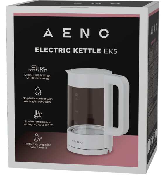 Електрическа кана за вода AENO AEK0005, 2200W, 1.7 л, 40-100°C, 360° основа, STRIX, LED дисплей, Филтър, Бял